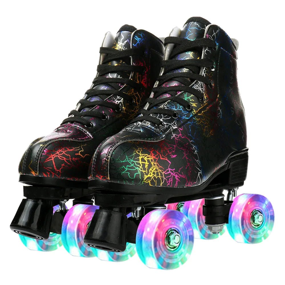 Unisex PU leather zebra print roller skates with flash quad wheels